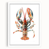 Framed wall art showcasing a vibrant lobster design from the marine life collection, featuring a white mat and sleek frame, enhancing coastal decor aesthetics.