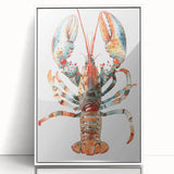 Framed wall art showcasing a vibrant lobster design, featuring intricate marine life details and a sleek white frame, perfect for coastal decor enthusiasts.