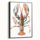Framed canvas wall art showcasing a detailed lobster design in vibrant colors, set against a sleek black frame, perfect for marine-themed decor. Ideal for ocean lovers.