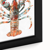Close-up of a vibrant framed canvas wall art piece showcasing a detailed lobster design, featuring rich colors and intricate textures, perfect for marine life decor.