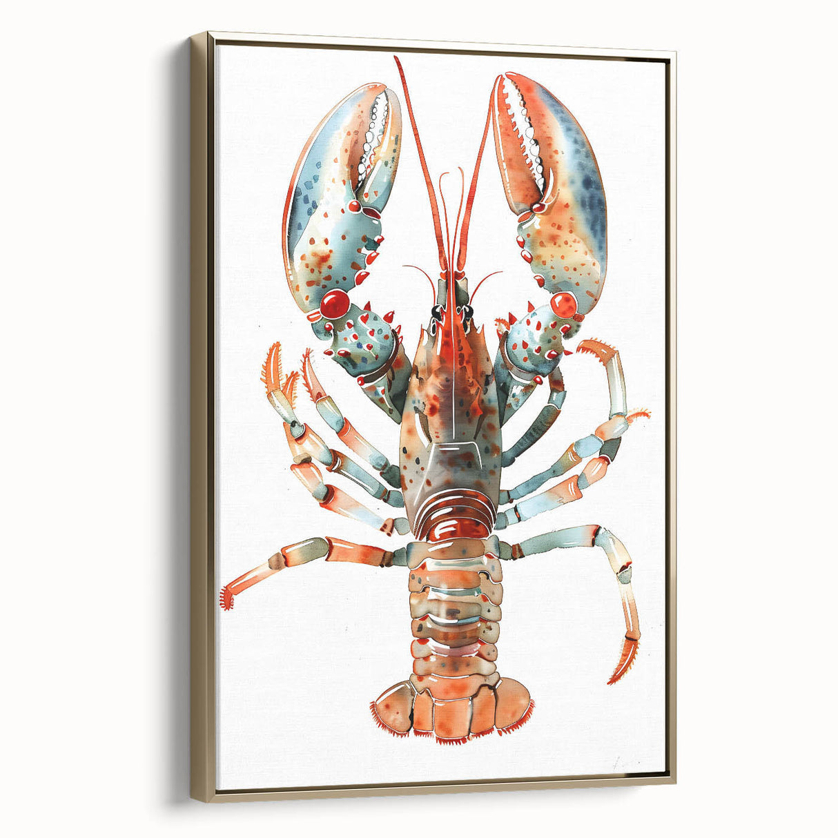 Framed canvas wall art showcasing a vibrant marine life lobster design with a gold frame, ideal for coastal home decor, adding a touch of elegance to any room.
