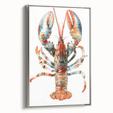 Framed wall art showcasing a vibrant lobster design in marine life theme, featuring silver accents and a sleek side view, perfect for coastal decor.
