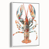 Framed canvas wall art featuring a vibrant marine life lobster design, showcasing intricate details and a white border, perfect for coastal home decor.