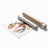 Vibrant lobster-themed wall art print showcasing marine life, featuring intricate details and bold colors, rolled and ready for framing or display.