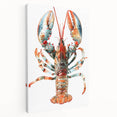 Stretched canvas wall art featuring a vibrant lobster design in marine life colors, showcasing intricate details and textures, perfect for ocean-themed decor.