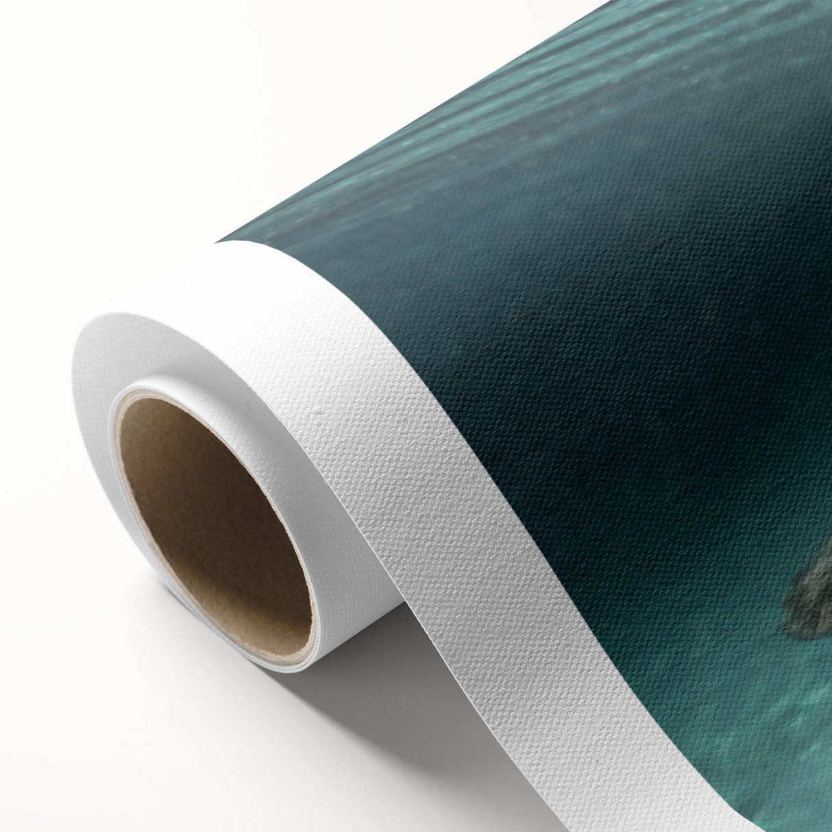 Vibrant rolled canvas wall art depicting a serene manatee swimming amidst colorful marine life, perfect for ocean-themed decor or nature enthusiasts.