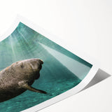 Vibrant wall art print featuring a serene manatee swimming among colorful marine life, showcasing intricate details and oceanic hues, ideal for coastal decor.
