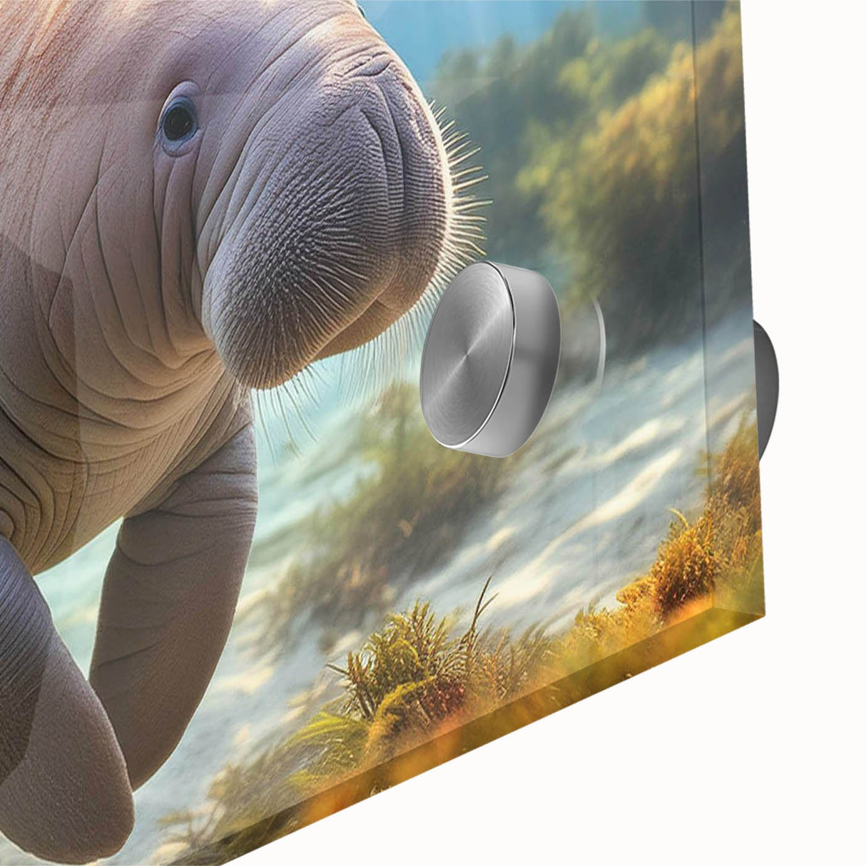 Close-up of a vibrant marine life wall art piece featuring a detailed manatee illustration, designed with acrylic glass for a modern aesthetic, perfect for ocean-themed decor.
