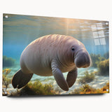Acrylic glass wall art showcasing a vibrant manatee design from the Marine Life Collection, highlighting intricate details and vivid colors, ideal for coastal decor.