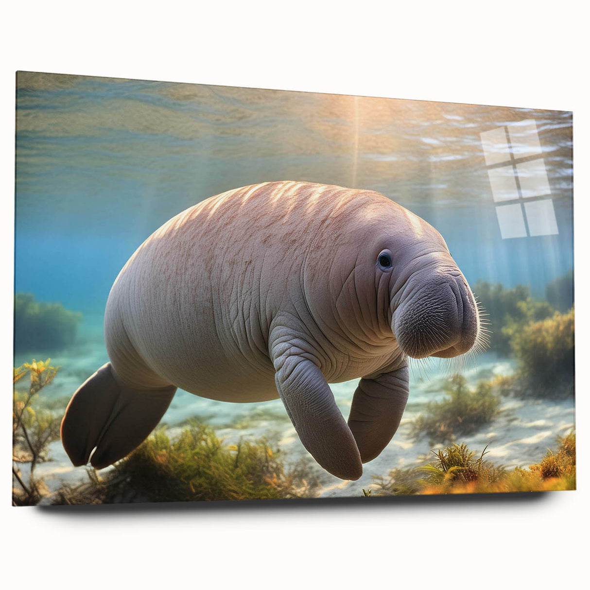 Acrylic wall art depicting a serene manatee swimming in a vibrant underwater scene, showcasing rich blues and greens, ideal for marine-themed decor.