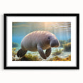 Framed wall art featuring a vibrant marine life design showcasing a manatee, set against a black mat. Ideal for ocean-themed decor, this piece adds a touch of nature to any room.