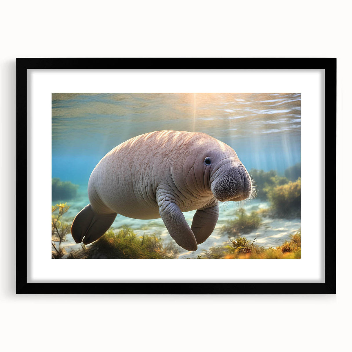 Framed wall art featuring a vibrant marine life design showcasing a manatee, set against a black mat. Ideal for ocean-themed decor, this piece adds a touch of nature to any room.