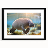 Framed wall art featuring a vibrant marine life design showcasing a manatee, set against a black mat. Ideal for ocean-themed decor, this piece adds a touch of nature to any room.
