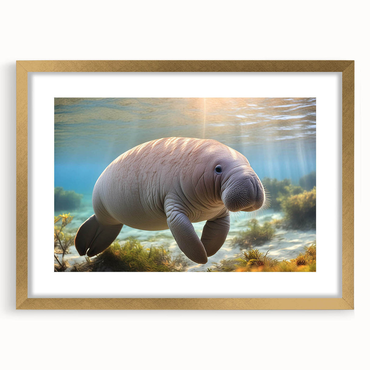 Framed wall art featuring a vibrant manatee design, accented with a gold frame and mat, showcasing colorful marine life in an aquatic setting. Perfect for coastal decor enthusiasts.