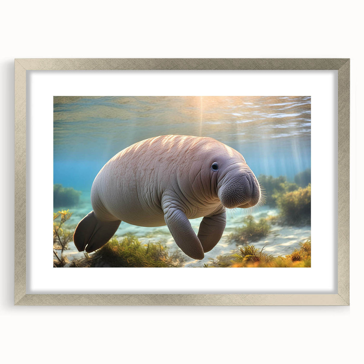 Framed wall art featuring a serene marine life design showcasing a manatee in soft blue and green tones, with a silver mat and frame, perfect for coastal decor.