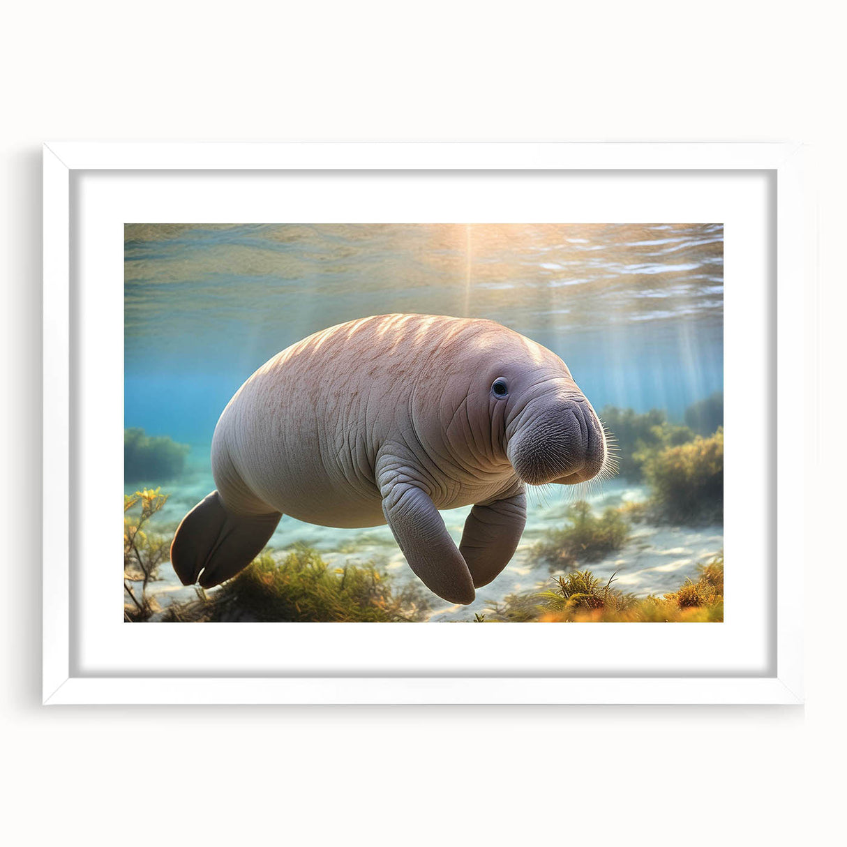 Framed marine life wall art featuring a serene manatee design, displayed with a white mat and sleek frame, perfect for ocean-themed decor.