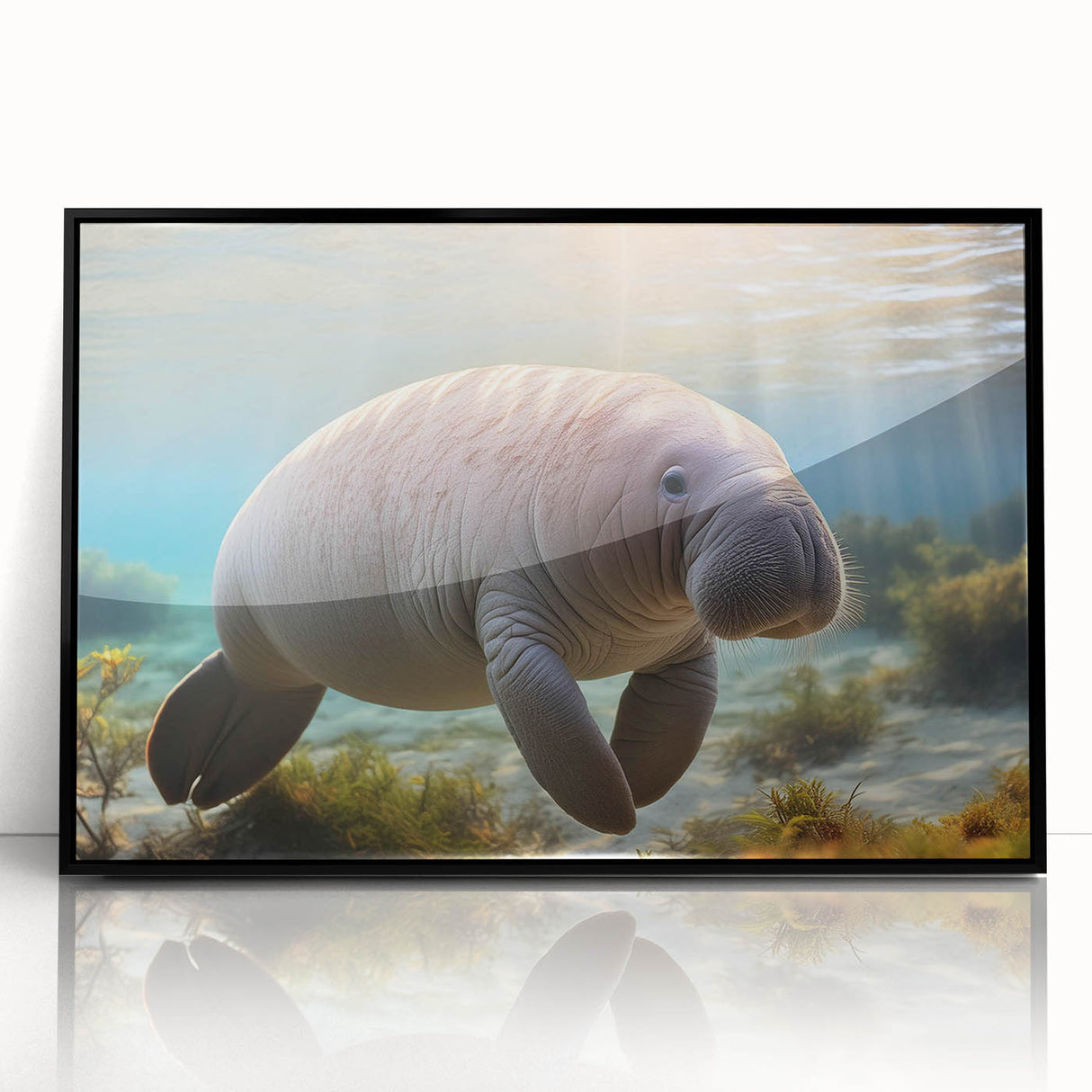 Framed acrylic wall art featuring a vibrant illustration of a manatee surrounded by marine life, set in a sleek black frame, perfect for ocean-themed decor.