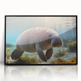 Framed acrylic wall art featuring a vibrant illustration of a manatee surrounded by marine life, set in a sleek black frame, perfect for ocean-themed decor.