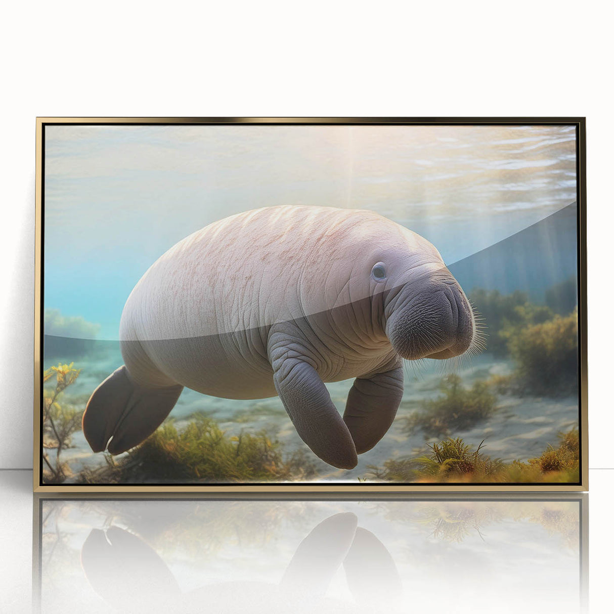 Framed wall art featuring a vibrant marine life design showcasing a manatee in a serene aquatic setting, with an elegant gold-acrylic frame that enhances its beauty.