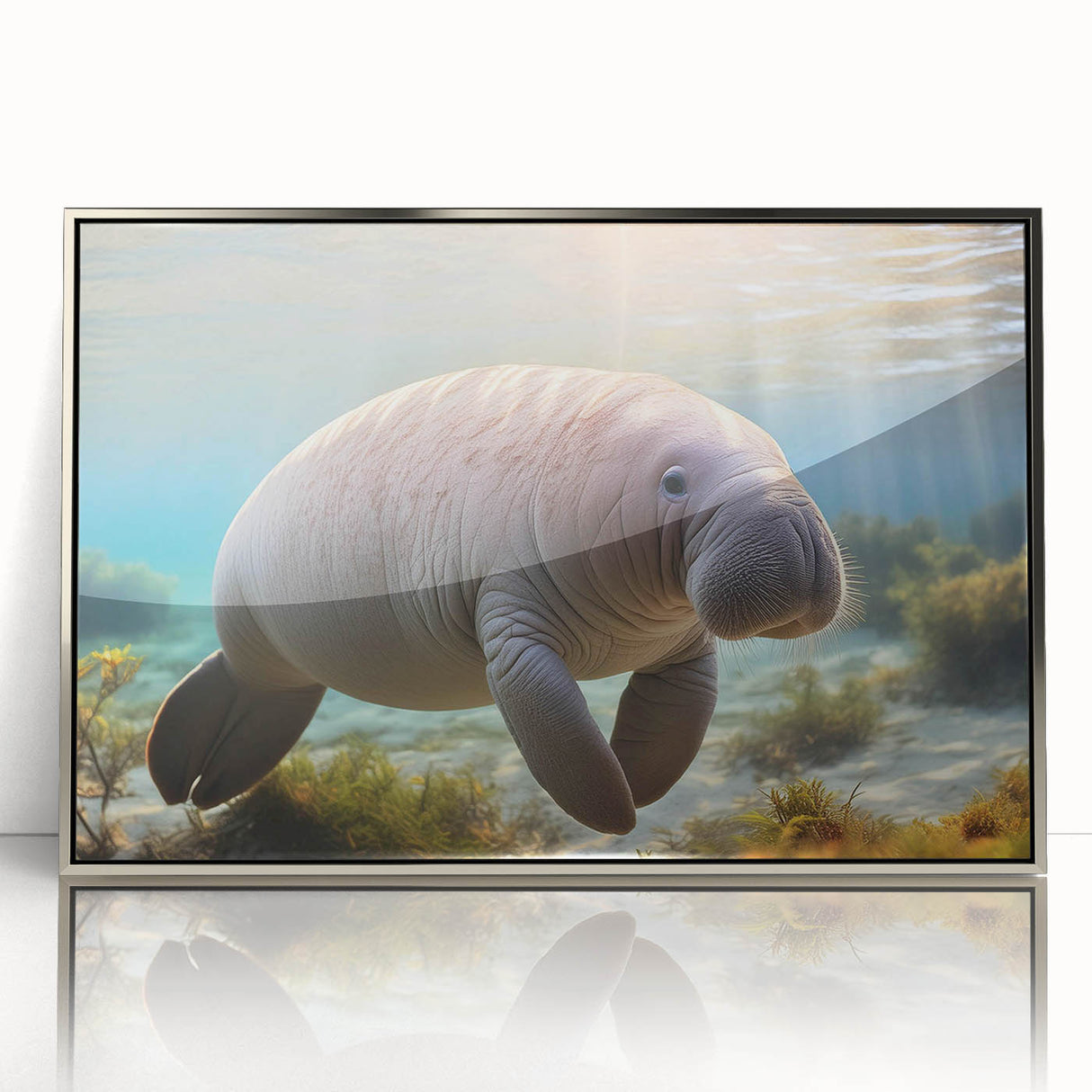 Framed acrylic wall art featuring a vibrant marine life design showcasing a manatee in a serene ocean setting, accented with silver borders for a modern touch.