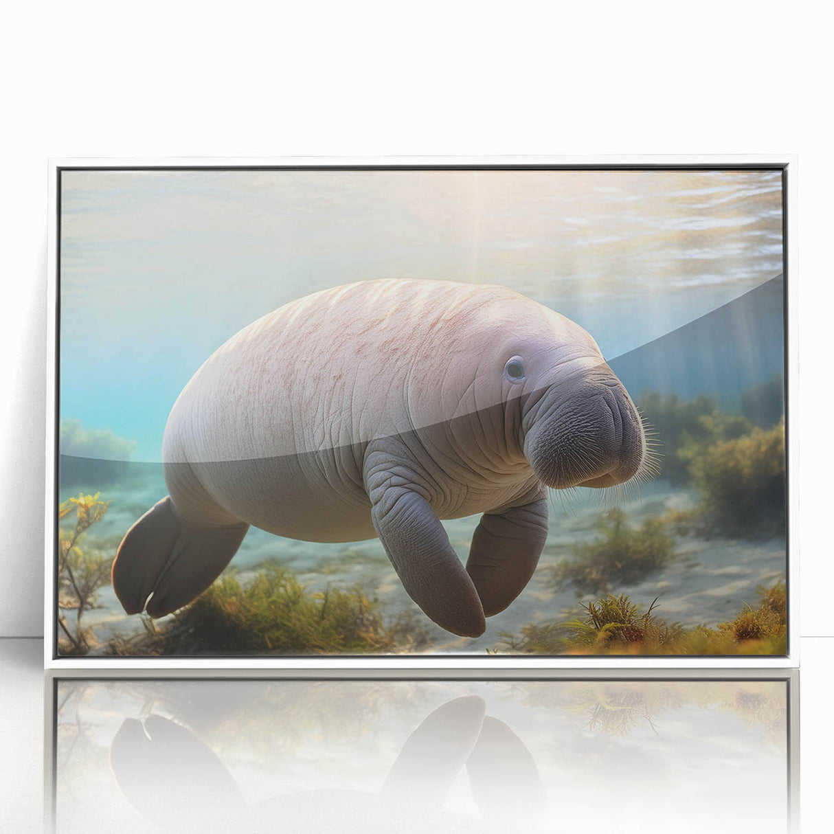 Framed wall art collection showcasing a vibrant marine life manatee design, featuring a white border and acrylic finish, perfect for ocean-themed decor.
