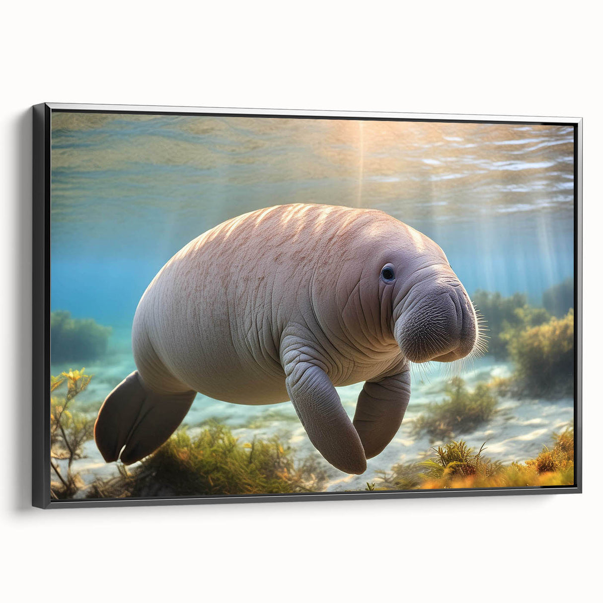 Framed wall art featuring a vibrant marine life design, showcasing a manatee swimming among colorful coral, presented in a sleek black frame for modern decor.