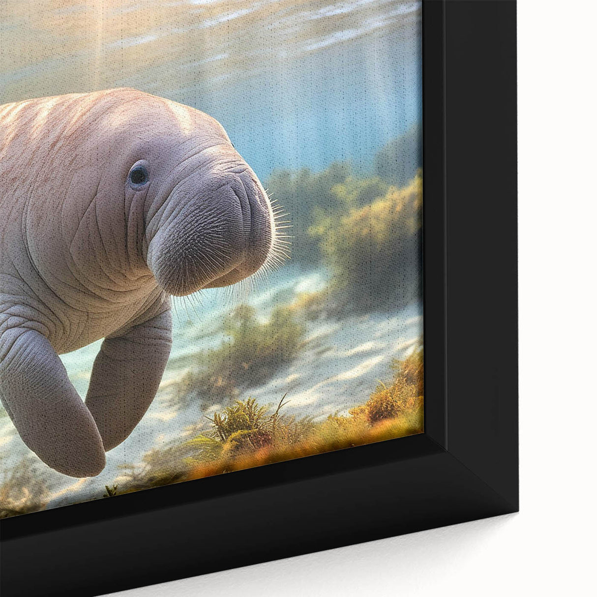 Close-up of a framed canvas wall art featuring a vibrant manatee design, showcasing intricate marine life details in blues and greens, perfect for ocean-themed decor.