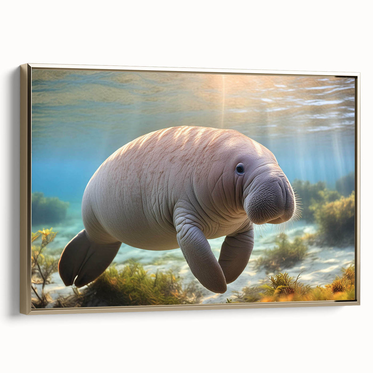 Framed canvas wall art featuring a vibrant marine life design of a manatee, with gold accents and a side view perspective, ideal for coastal home decor.