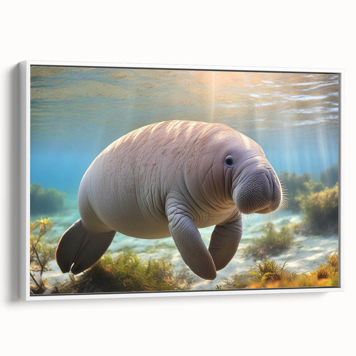 Framed canvas wall art showcasing a serene manatee design against a white background, ideal for marine life enthusiasts and coastal decor lovers.