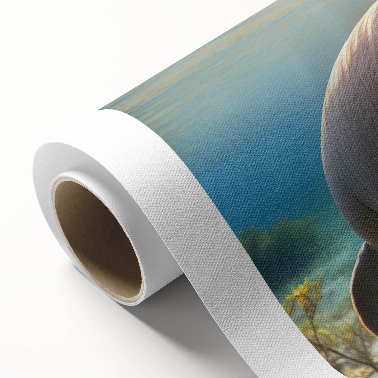 Rolled canvas wall art showcasing a vibrant manatee design against a serene aquatic backdrop, perfect for marine life enthusiasts, delivered in protective packaging.