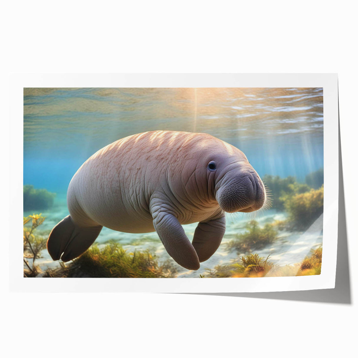 Colorful rolled print of a manatee design, showcasing marine life with vibrant blues and greens. Ideal for ocean-themed decor, packaged securely in a tube.
