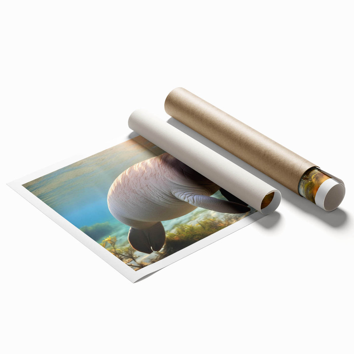 Vibrant rolled print showcasing a detailed illustration of a manatee surrounded by aquatic plants, perfect for marine life enthusiasts and coastal decor.