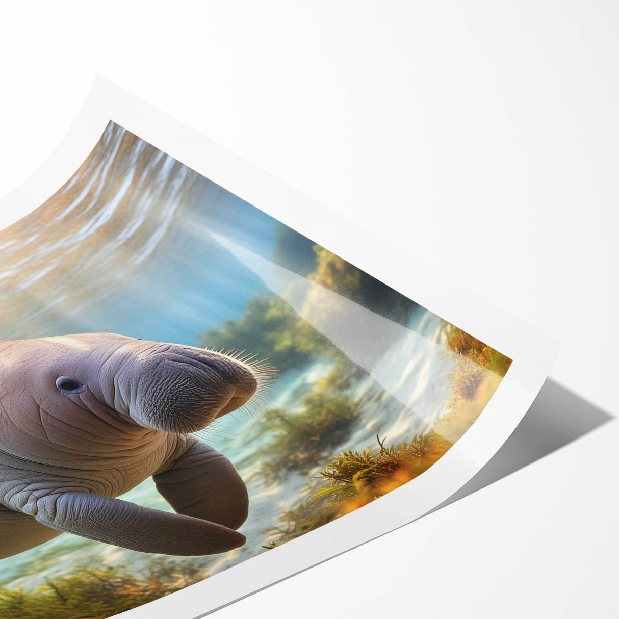 Rolled print showcasing a vibrant marine life design featuring a manatee, ideal for ocean-themed decor. Packaged securely in a cardboard tube for safe shipping.