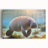 Stretched canvas wall art depicting a serene manatee in a vibrant underwater scene, showcasing rich blues and greens, perfect for marine life enthusiasts.