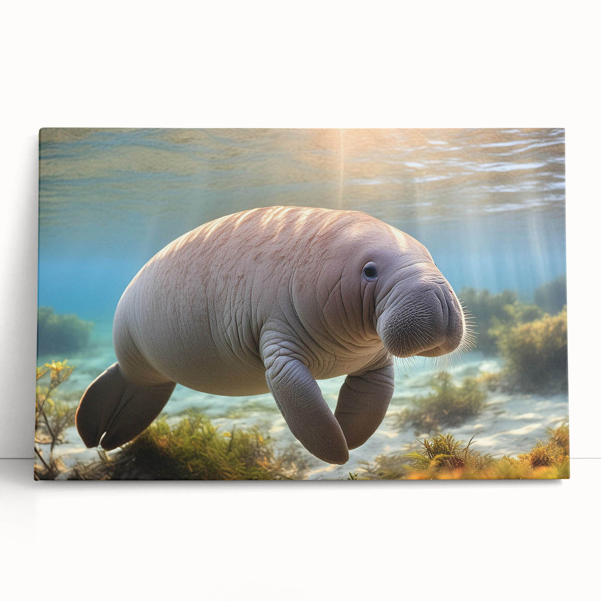 Stretched canvas wall art depicting a serene manatee swimming among vibrant marine life, showcasing a tranquil ocean scene with blue tones and detailed aquatic elements.