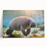Stretched canvas wall art depicting a serene manatee swimming among vibrant marine life, showcasing a tranquil ocean scene with blue tones and detailed aquatic elements.