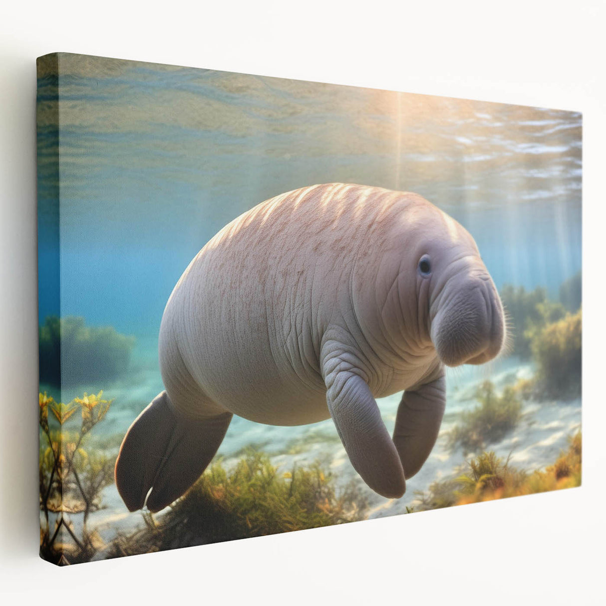 Stretched canvas wall art showcasing a serene manatee design, capturing marine life with vibrant colors and intricate details, ideal for ocean-themed decor.