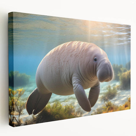 Stretched canvas wall art showcasing a serene manatee design, capturing marine life with vibrant colors and intricate details, ideal for ocean-themed decor.