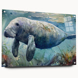 Manatee-themed wall art design displayed in a sleek acrylic frame, showcasing vibrant marine life colors and intricate details, ideal for ocean lovers' decor.