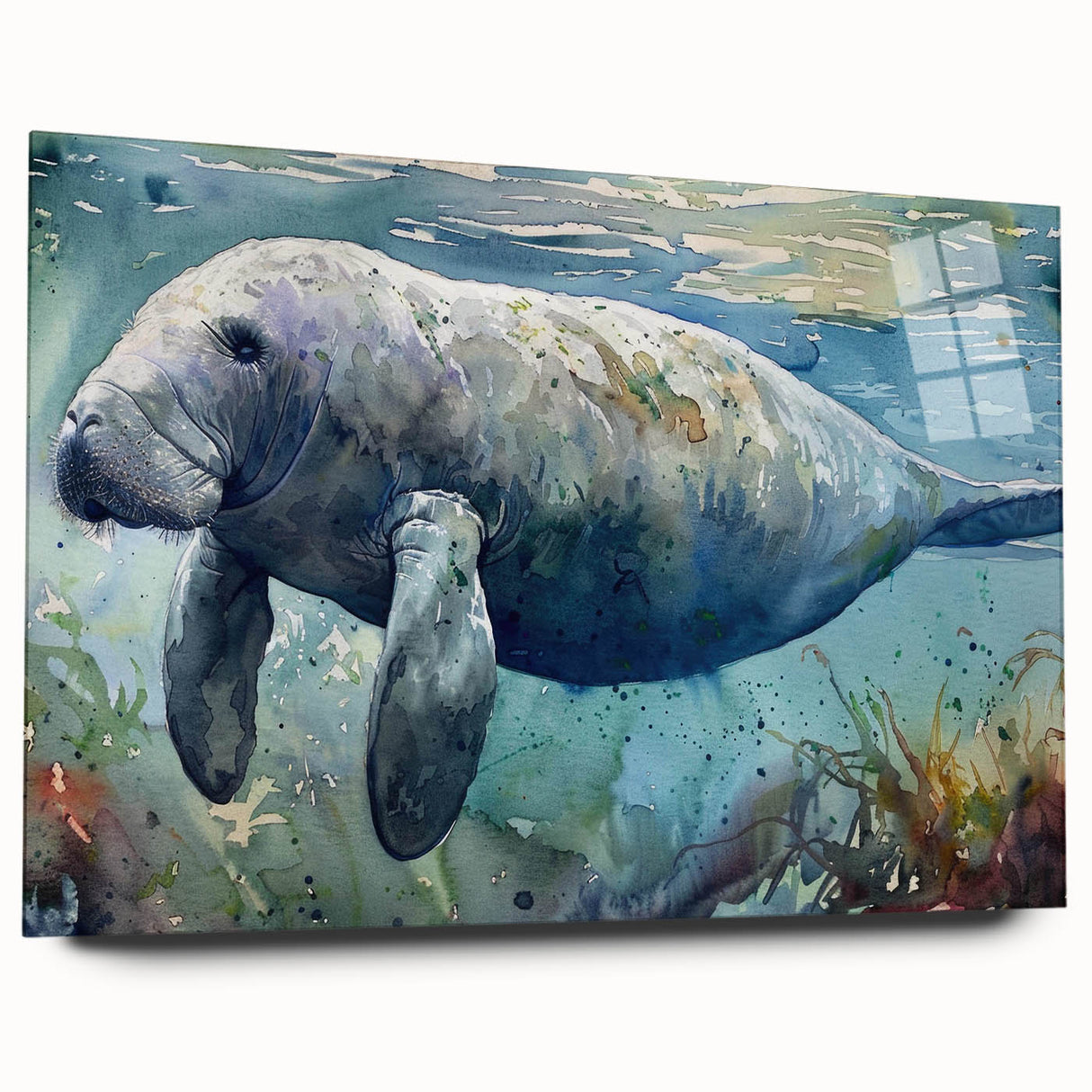 Side view of a marine life-themed wall art collection featuring a manatee design, displayed in acrylic glass, showcasing vibrant colors and intricate details. Ideal for ocean enthusiasts and home decor.
