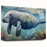 Side view of a marine life-themed wall art collection featuring a manatee design, displayed in acrylic glass, showcasing vibrant colors and intricate details. Ideal for ocean enthusiasts and home decor.