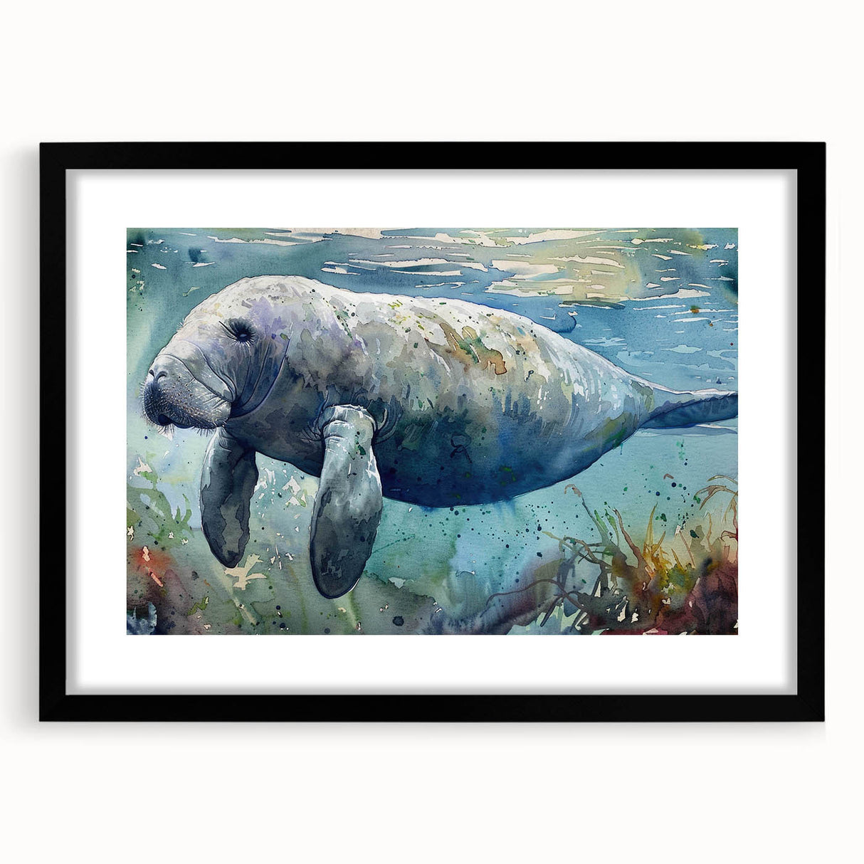 Framed wall art collection featuring a detailed marine life design of a manatee, set against a black mat, perfect for coastal-themed home decor.