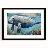 Framed wall art collection featuring a detailed marine life design of a manatee, set against a black mat, perfect for coastal-themed home decor.
