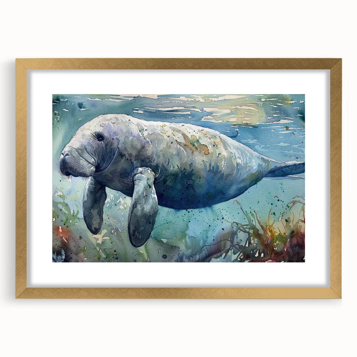 Gold-framed wall art featuring a vibrant marine life manatee design, elegantly matted and ready for display, perfect for coastal home decor enthusiasts.