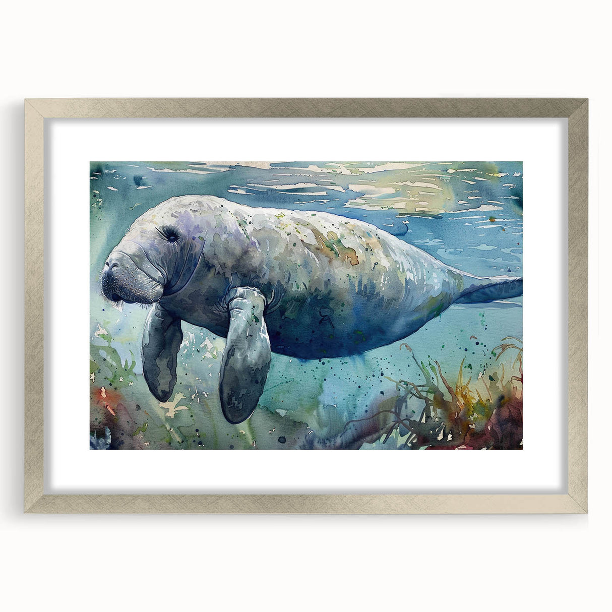 Framed wall art collection featuring a detailed marine life design with a manatee, showcased in a sleek silver frame and white mat, perfect for ocean-themed decor.