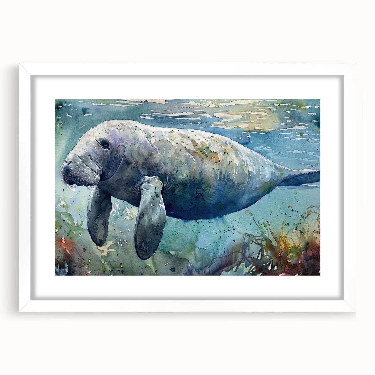 Framed wall art collection showcasing a serene manatee design, set against a white mat and frame, ideal for marine-themed decor in coastal homes.