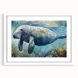 Framed wall art collection showcasing a serene manatee design, set against a white mat and frame, ideal for marine-themed decor in coastal homes.