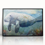 Framed wall art featuring a vibrant marine life design showcasing a manatee, set against a black background, perfect for ocean-themed decor enthusiasts. The acrylic front enhances the colors, making it a striking addition to any room.