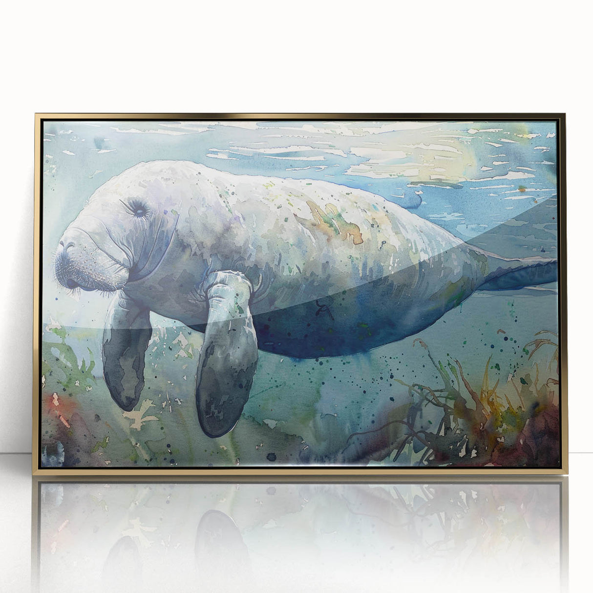 Framed wall art featuring a vibrant marine life design with a manatee, set in a gold-accented frame. Ideal for ocean-themed decor and nature lovers.