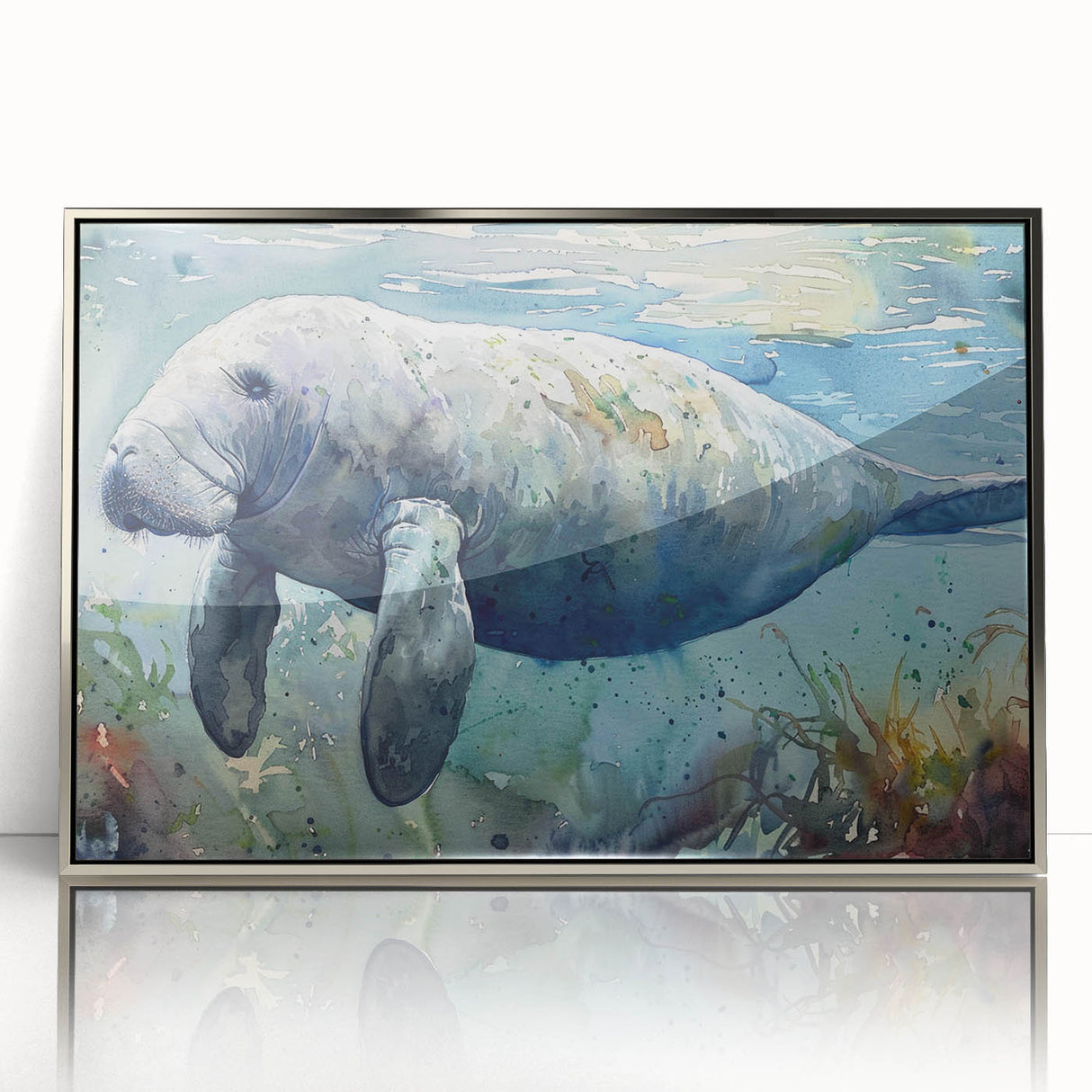 Framed wall art showcasing a vibrant marine life design featuring a manatee, presented in a sleek silver frame, ideal for ocean-themed decor.